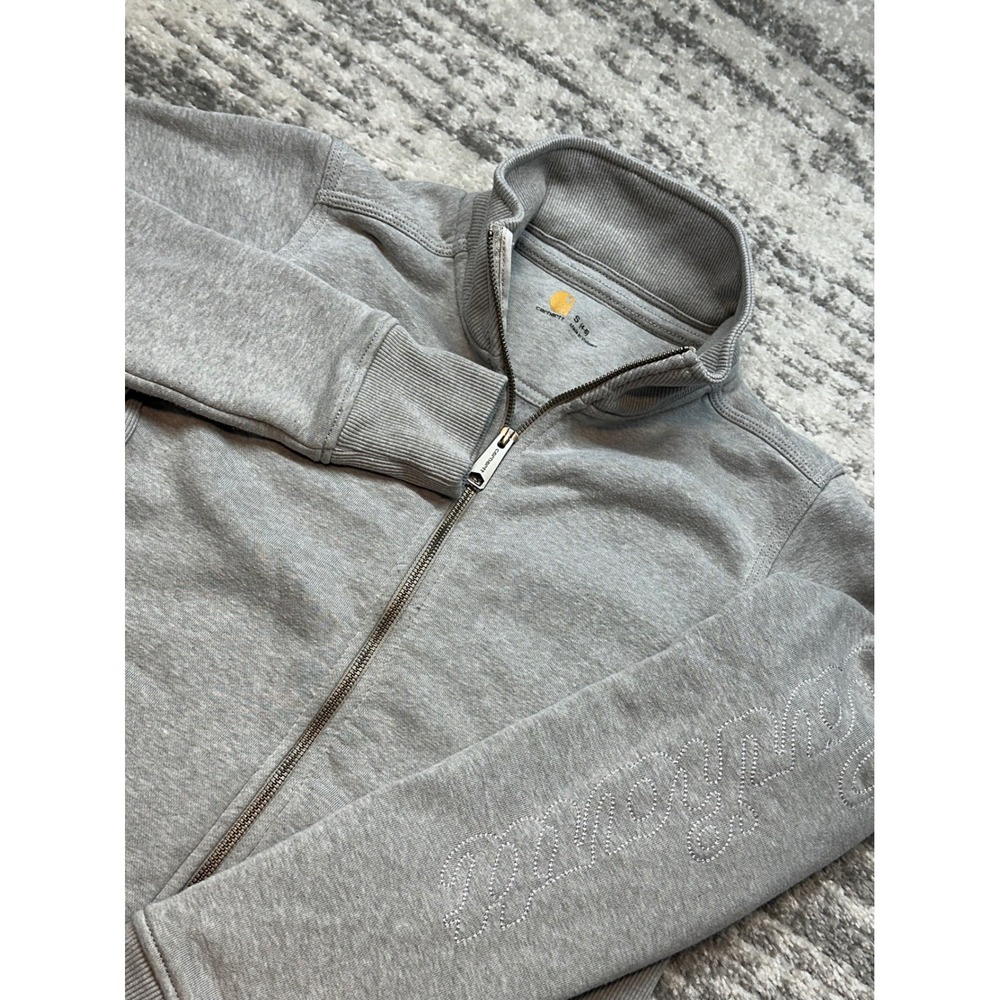 Carhartt Full Zip Up Sweatshirt Women S Gray Mock Neck Embroidered Sleeve Jacket